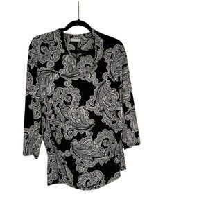 New York & Company Black & White Paisley Print Blouse L 3/4 Sleeve #D-6-14-0